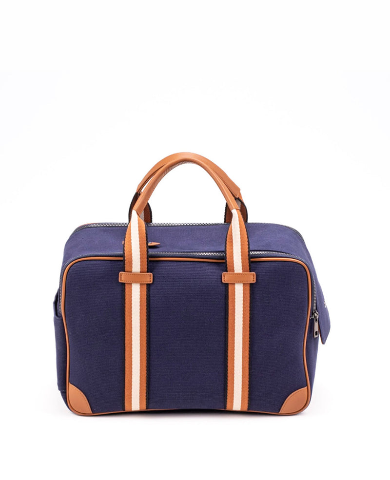 backside look of navy blue canvas dog carrier